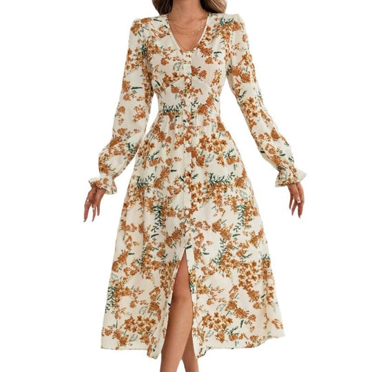 Damen Maxi-Kleid mit floralen Mustern und langem Arm EB