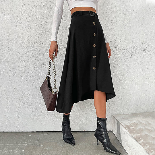 Damen Midi-Rock mit dekorativen Knopfdetails und Bindegürtel EB