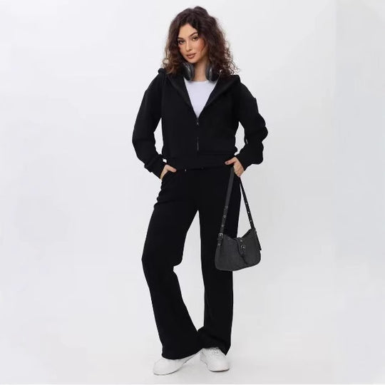Damen nan zweiteiliges Cozy-Loungewear-Set mit Reißverschlusskapuze, taillenhoher Weitbein-Jogger und verdeckten Eingrifftaschen EB