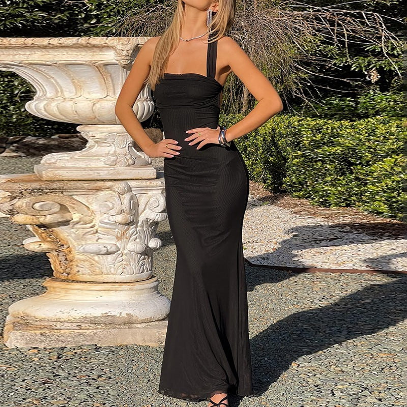 Damen elegantes Maxikleid mit tailliertem Schnitt und schmalen Trägern EB