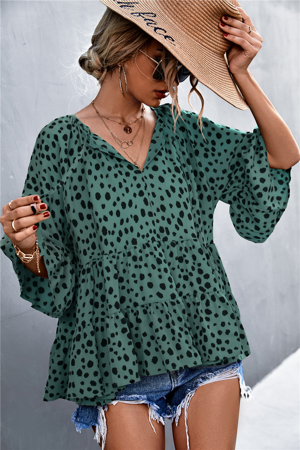 Damen lässige Bluse mit voluminösen Ärmel und modischem Punktmuster EB