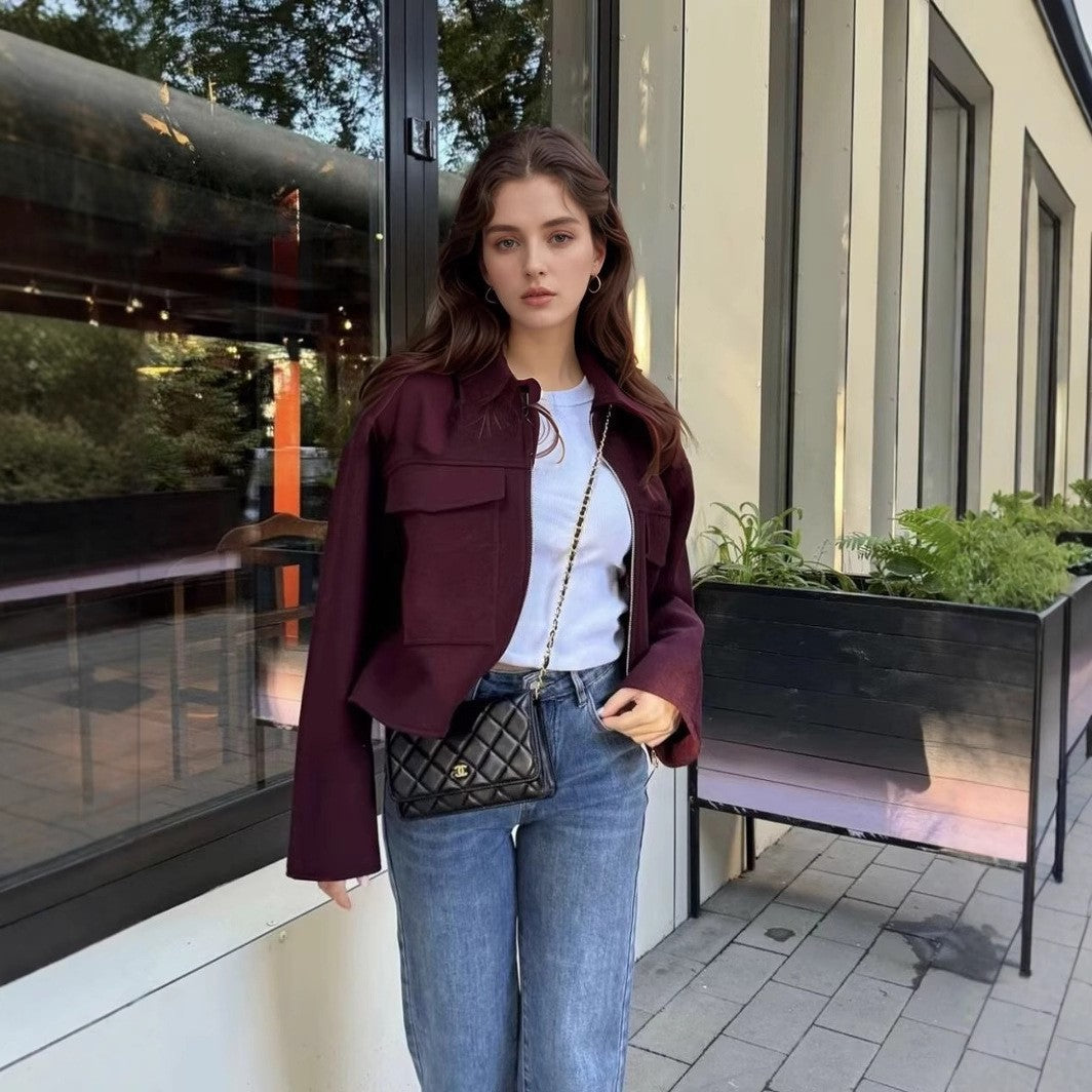 Damen lässige Fleecejacke mit praktischen Taschen und modernem Kragen EB