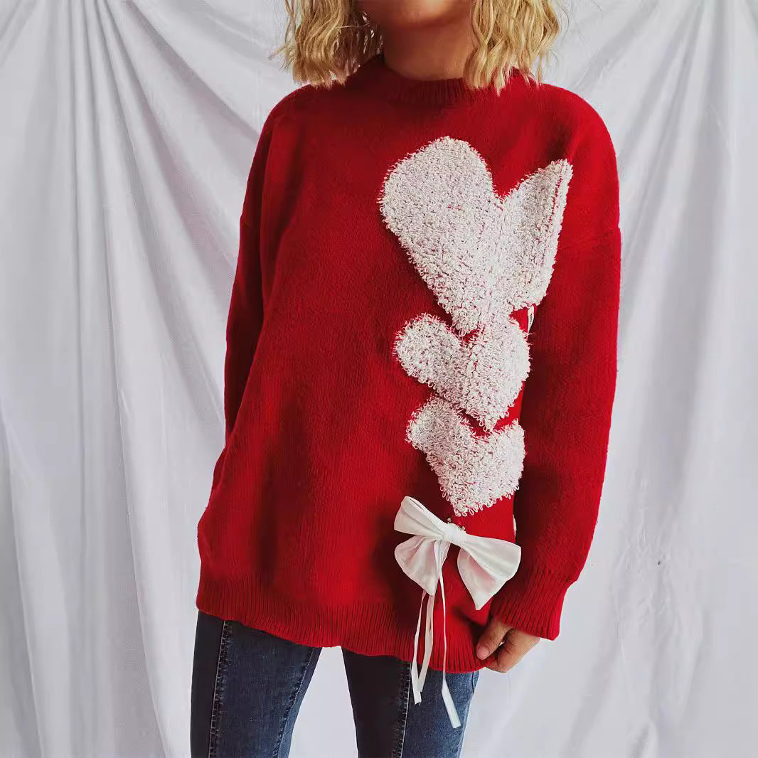 Damen Pullover mit herzförmigem Design und dekorativer Schleife EB