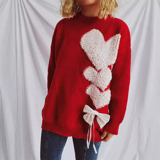 Damen Pullover mit herzförmigem Design und dekorativer Schleife EB