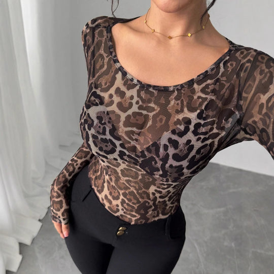 Damen nan eng anliegendes semitransparentes Meshshirt mit Leopardenmuster und Rundhalsausschnitt EB