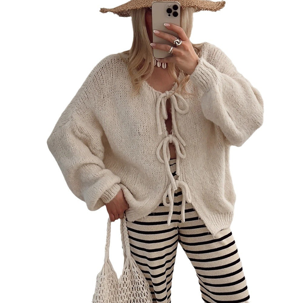 Damen Kuscheliger Strickcardigan mit dekorativen Bindebändern EB