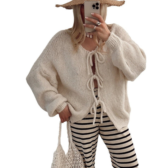 Damen Kuscheliger Strickcardigan mit dekorativen Bindebändern EB
