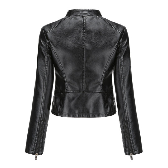Damen nan kurze taillierte Kunstlederjacke mit Nietenbesatz und Stehkragen EB