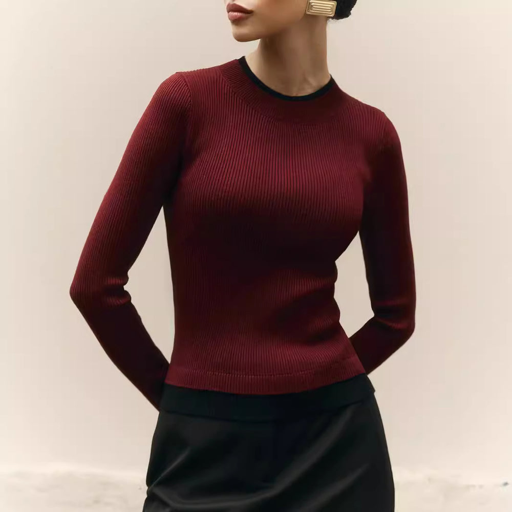 Damen figurbetontes Strickoberteil mit kontrastierenden Bündchen EB