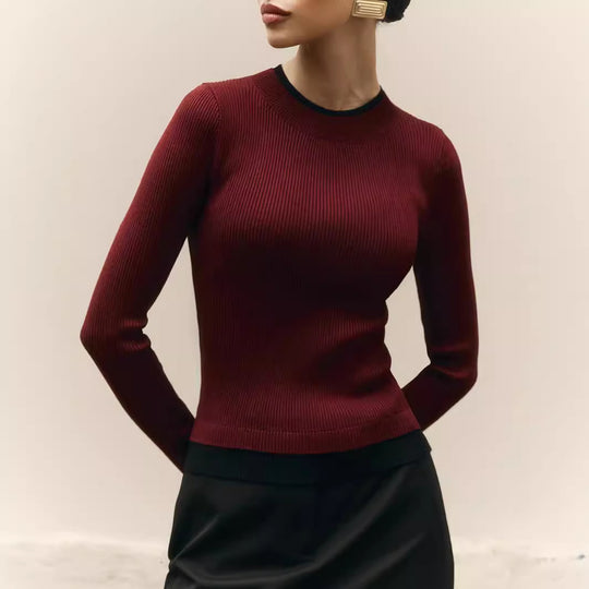 Damen figurbetontes Strickoberteil mit kontrastierenden Bündchen EB