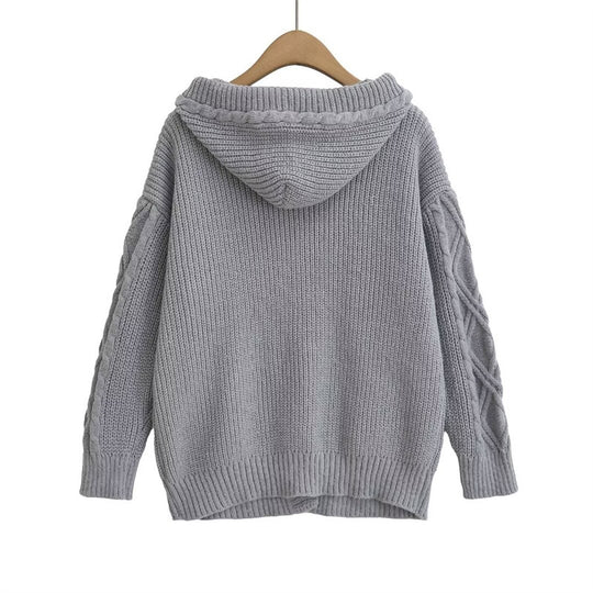 Damen Strickjacke mit Kapuze und modischem Zopfmuster EB