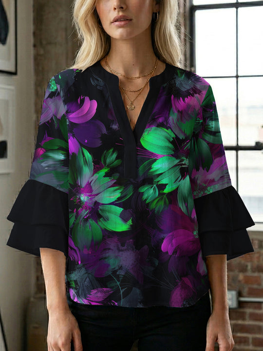 Damen Bluse mit voluminösen Rüschenärmeln und floralem Muster EB