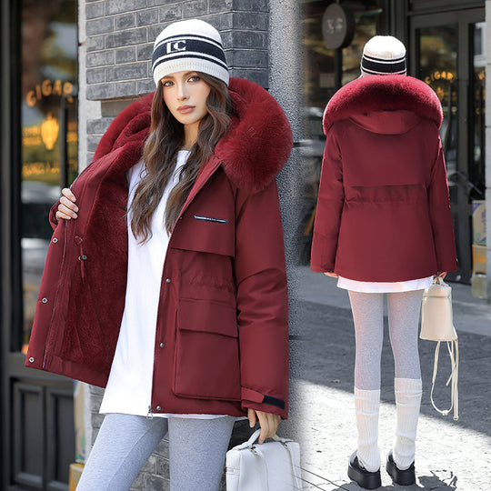 Damen Elegante und warme Winterjacke mit abnehmbarem Kunstfellkragen und praktischen Taschen EB