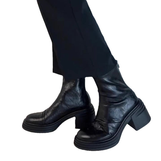 Damen Modische Stiefel mit Blockabsatz und glänzender Lederoberfläche EB