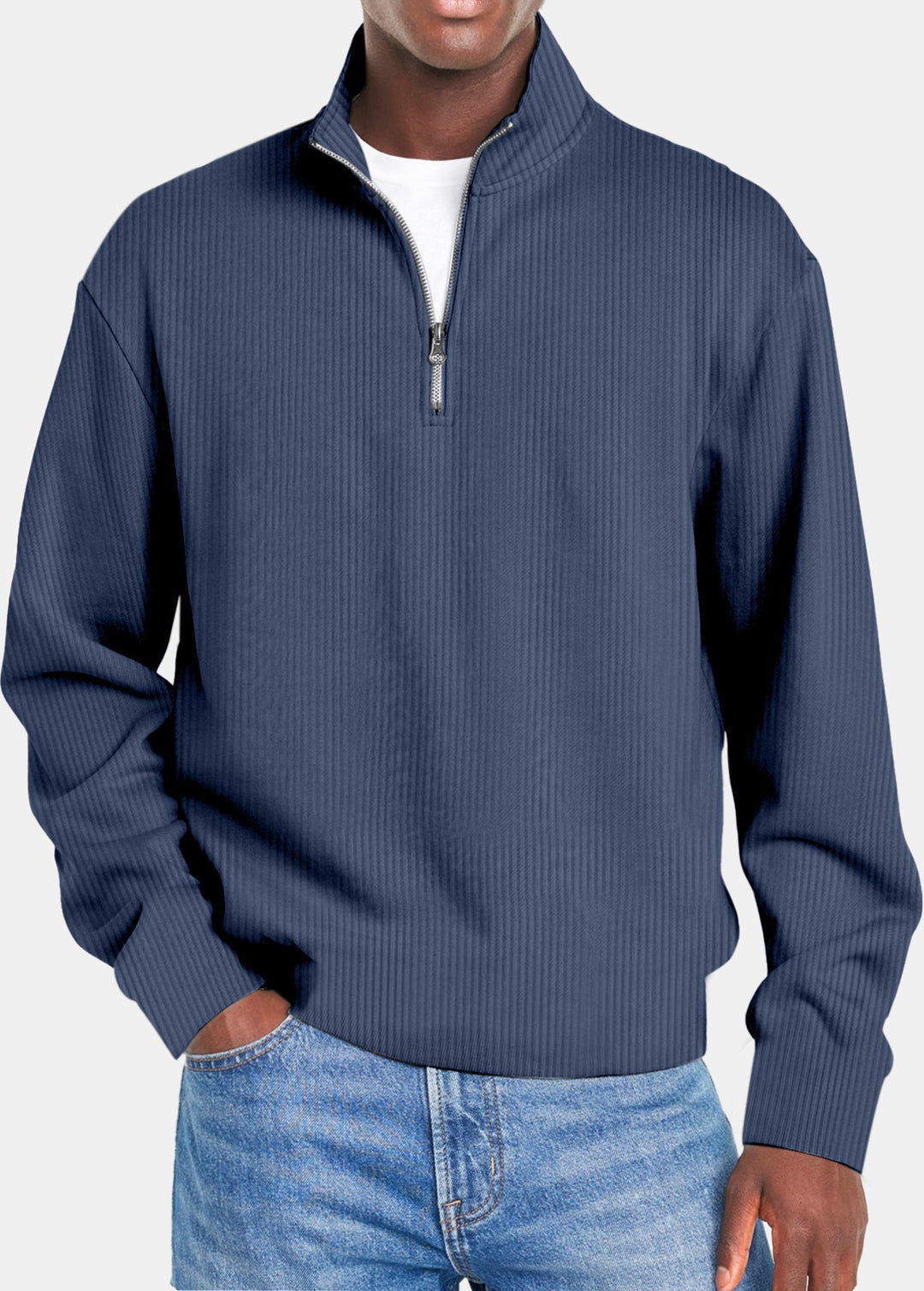 Herren nan gerippter Troyer-Pullover mit Halbzip und Stehkragen EB