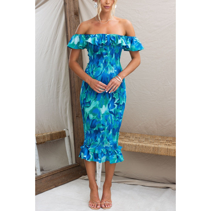 Damen Off-Shoulder Kleid mit Rüschen und figurbetonter Passform EB