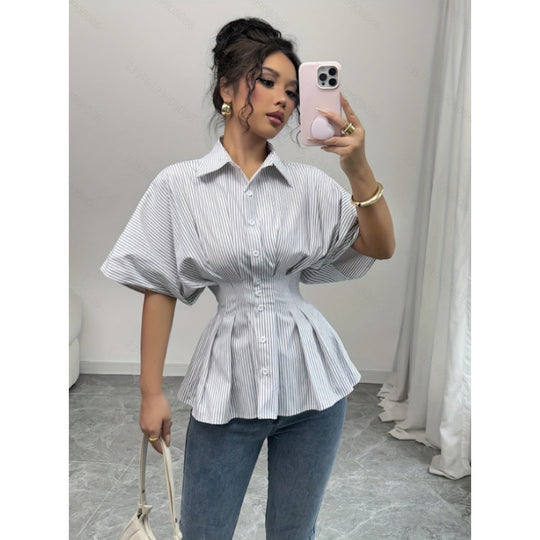 Damen taillierte Bluse mit Puffärmeln und Streifenmuster EB