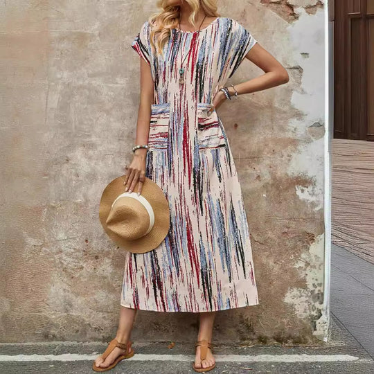 Damen Maxikleid mit praktischen Taschen und modischem Streifenmuster EB