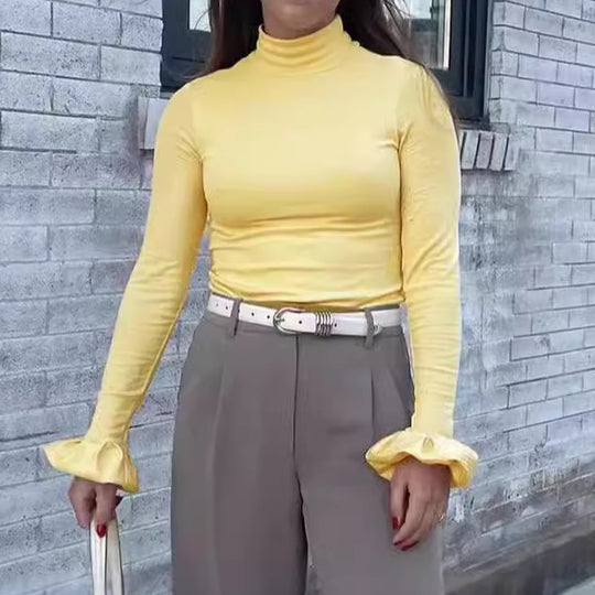 Damen Elegantes Longsleeve-Top mit hohen Kragen und Rüschendetails EB
