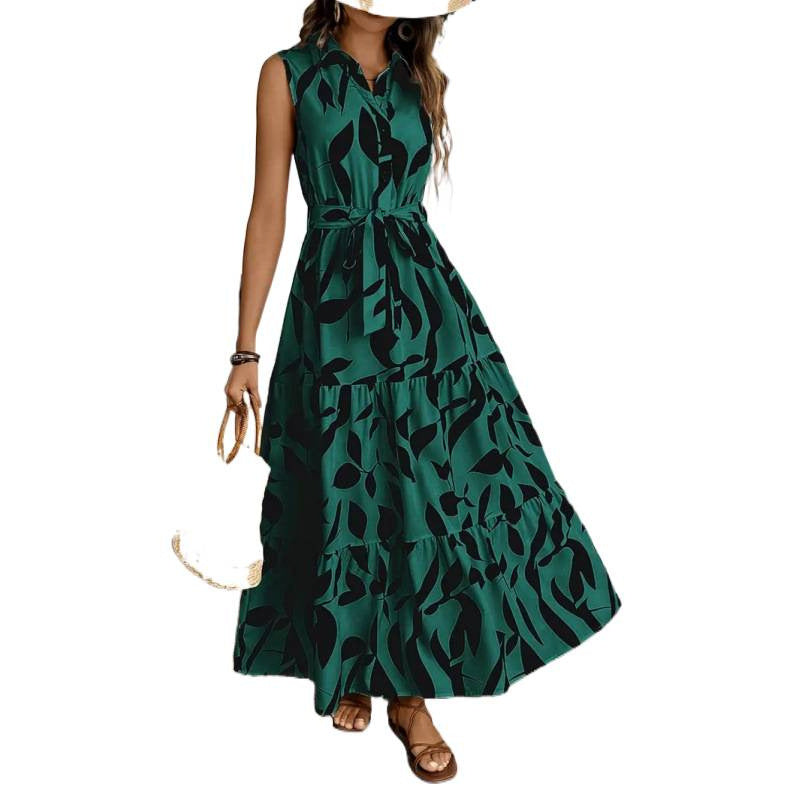 Damen Maxikleid mit geschichtetem Rock und elegantem Taillengürtel EB