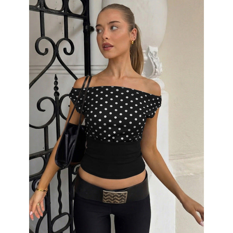 Damen Off-Shoulder Polka-Dot Top mit elastischem Bund EB