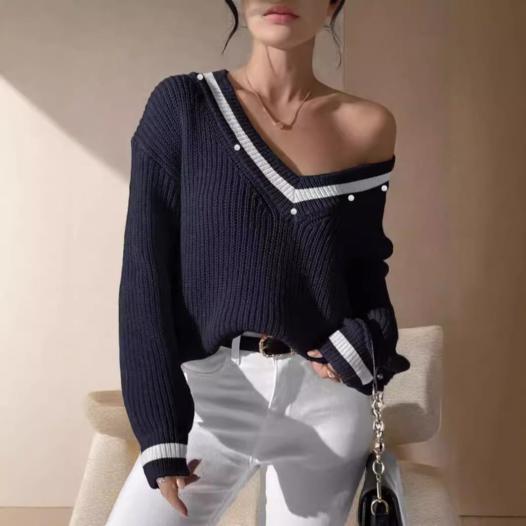 Damen lässiger Pullover mit V-Ausschnitt und dekorativer Knopfleiste EB