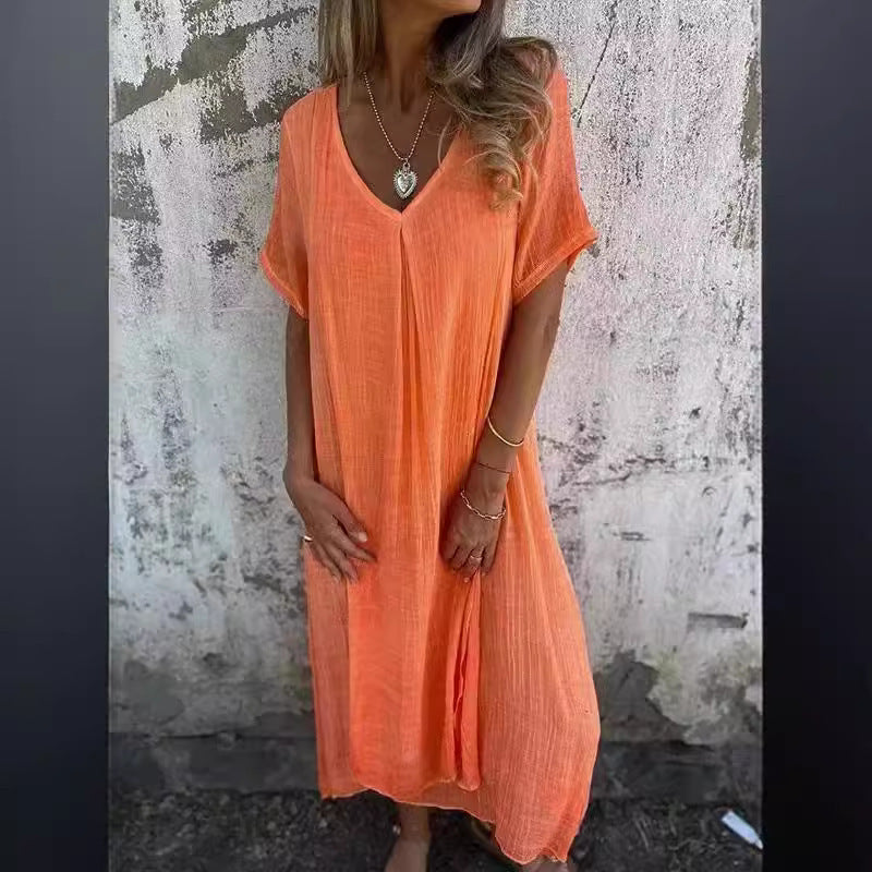 Damen Luftiges Leinenmaxikleid mit V-Ausschnitt und weit schwingendem Saum EB