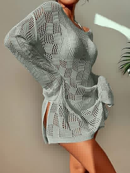 Damen gehäkeltes Crop-Top mit weitem Ärmel und lockerer Passform EB