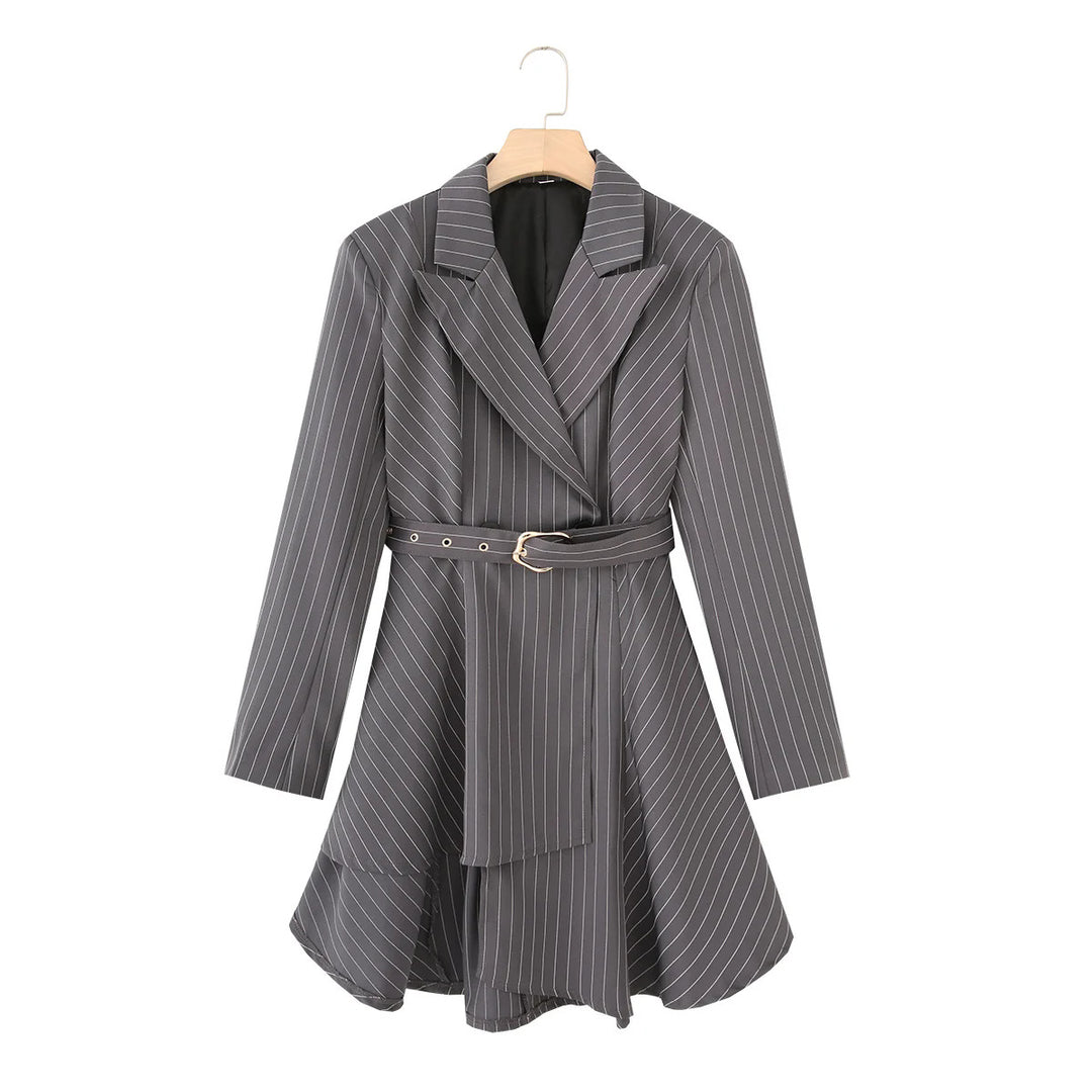 Damen gestreifte Blazerjacke mit definiertem Taillenschnitt und elegantem Gürtel EB