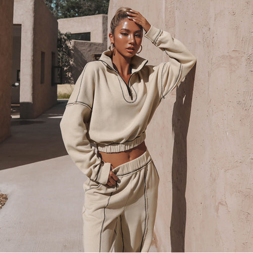 Damen nan kurzes Kapuzen-Sweatshirt mit halbem Reißverschluss elastischem Saum und Kontrastnähten EB