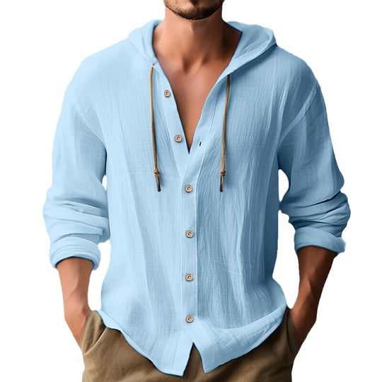 Herren lässiges Leinenhemd mit Kapuze und Knopfdetails EB