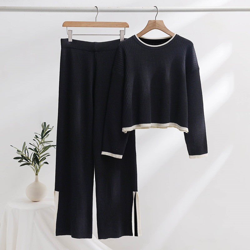 Damen lässiges Strickensemble mit hohem Bund und kontrastierenden Bündchen EB