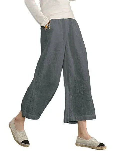 Damen weite Leinenhose mit seitlichen Taschen und elastischem Bund EB