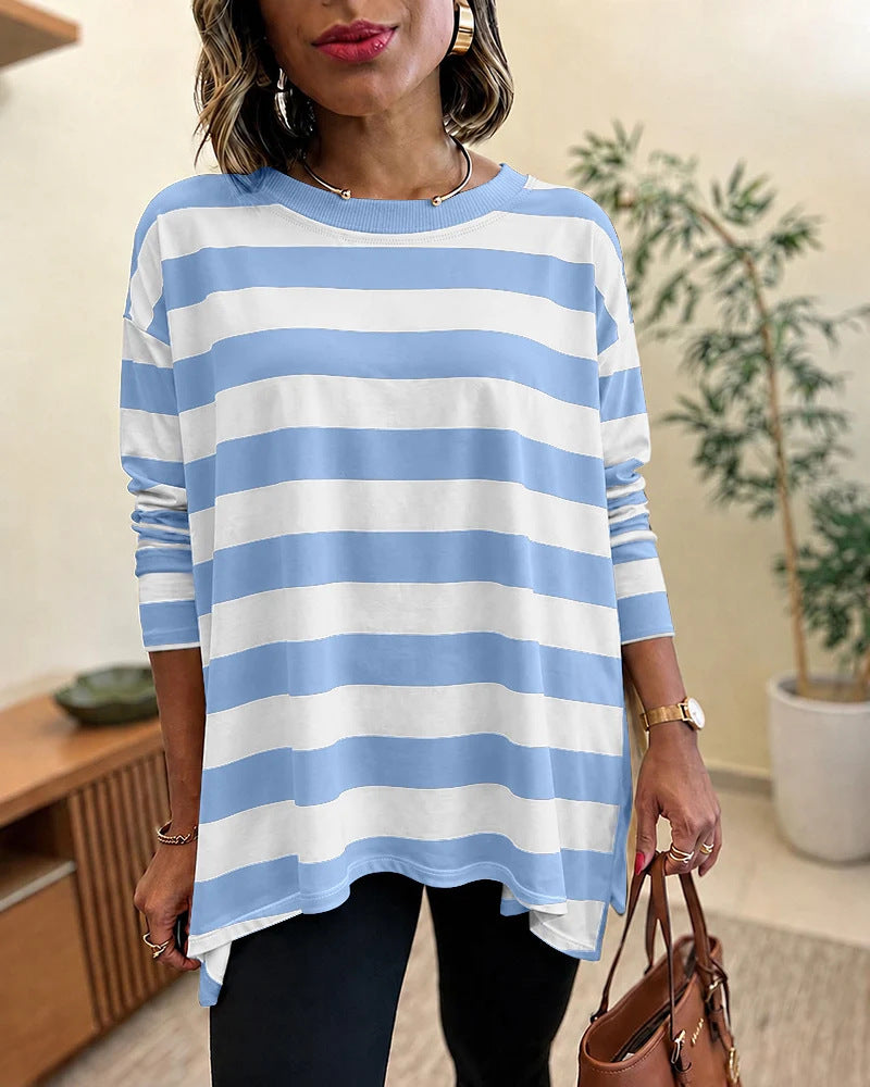 Damen Oversized Streifen-Longsleeve mit Rundhalsausschnitt und abgerundetem Saum EB