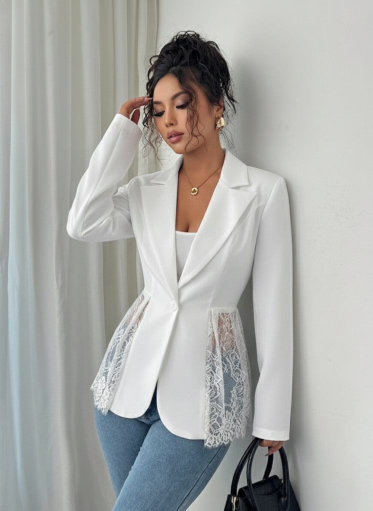Damen nan taillierter Blazer mit Spitzenbesatz und tiefem V-Ausschnitt EB