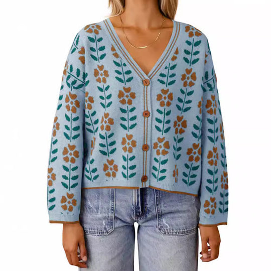 Damen Strickjacke mit floralem Design und Knopfdetails EB