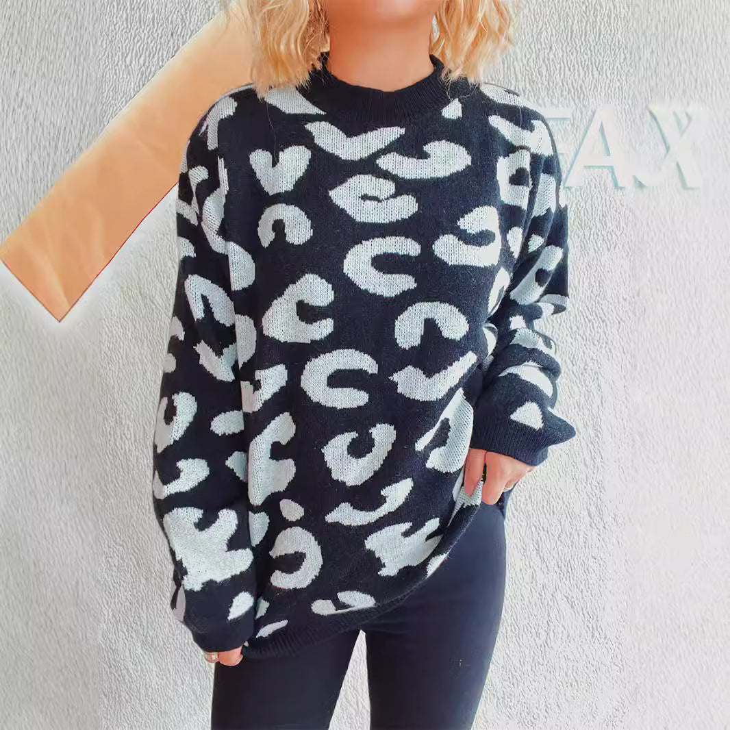 Damen gemütlicher Pullover im modernen Leopardenmuster EB