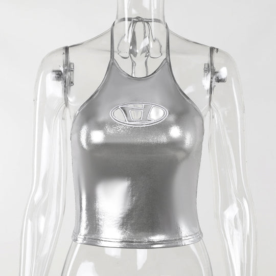 Damen Glänzendes Crop Top mit hohem Kragen und Logoapplikation EB