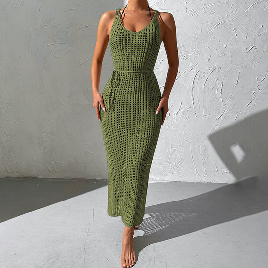 Damen gehäkeltes Maxikleid mit tailliertem Schnitt und seitlichem Kordelzug EB