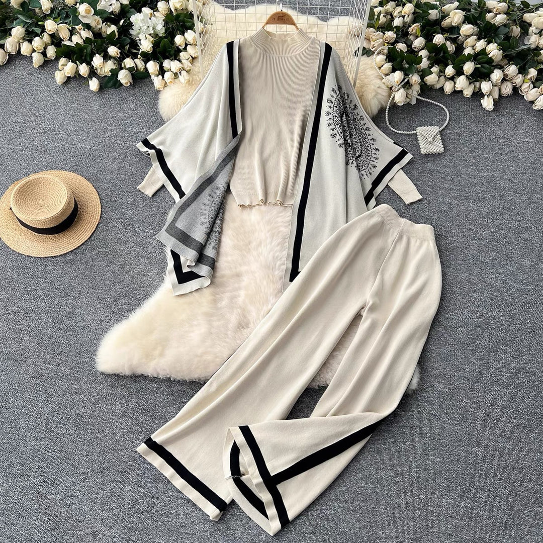 Damen lässiges Strickensemble mit langen Ärmeln und weitem Bein EB