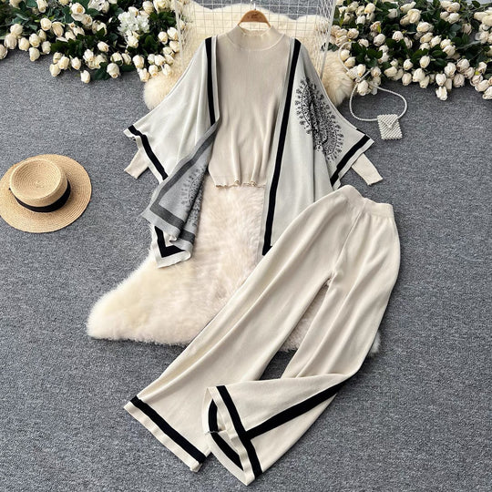 Damen lässiges Strickensemble mit langen Ärmeln und weitem Bein EB