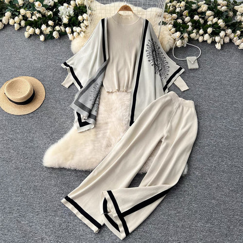Damen lässiges Strickensemble mit langen Ärmeln und weitem Bein EB