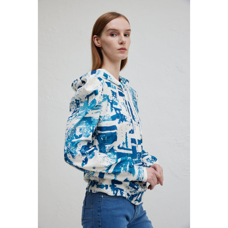 Damen Kapuzenpullover mit modischem Rüschendesign und kreativem Druck EB