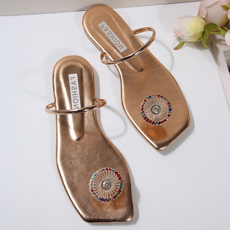Damen elegante Zehentrenner-Sandalen mit funkelnder Schmuckapplikation EB