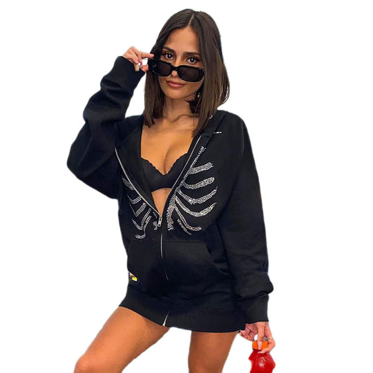 Damen Kapuzenjacke mit einzigartigem Skelett-Design und funkelnden Strasssteinen EB