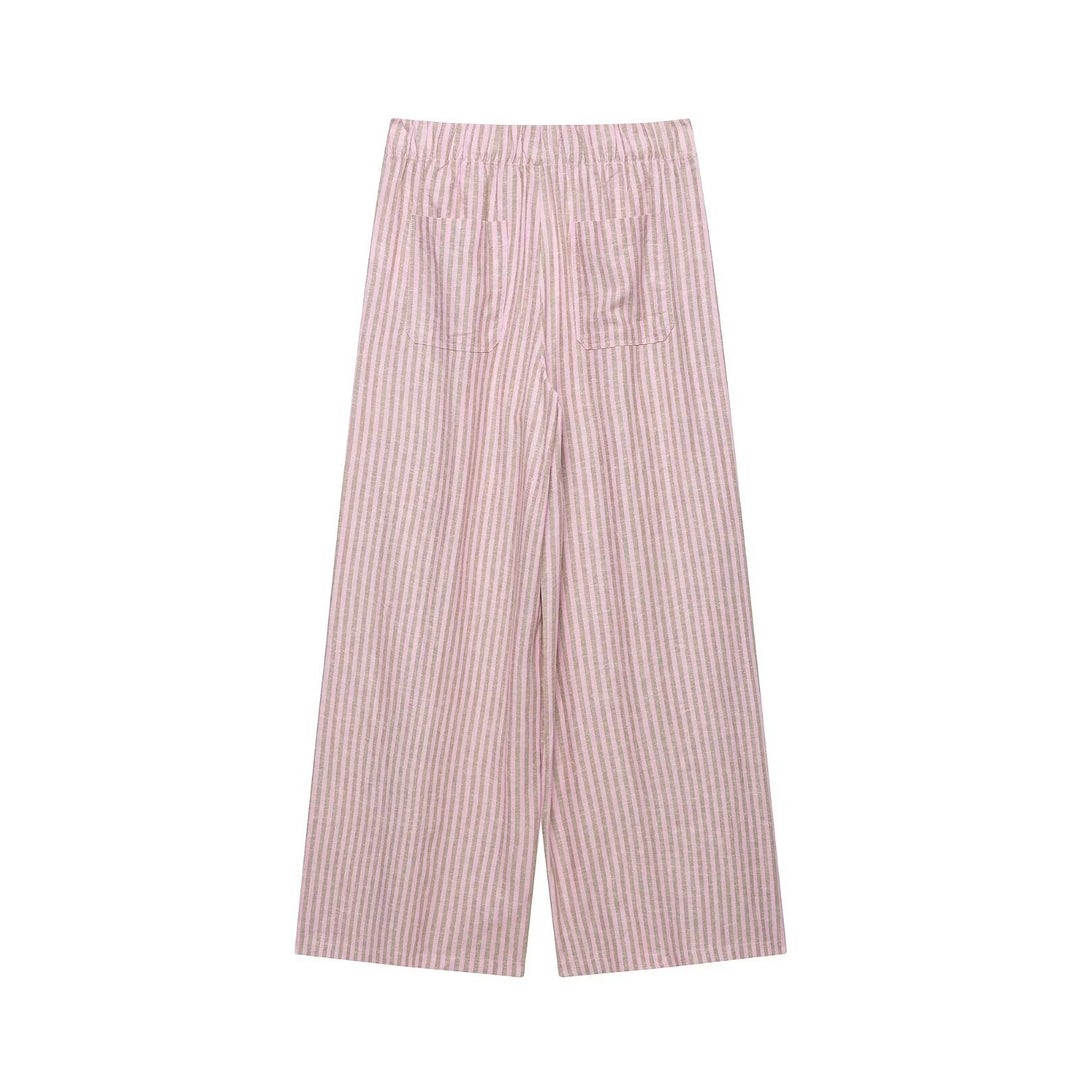 Damen nan weite Leinenhose mit Streifenmuster und Kordelzug EB