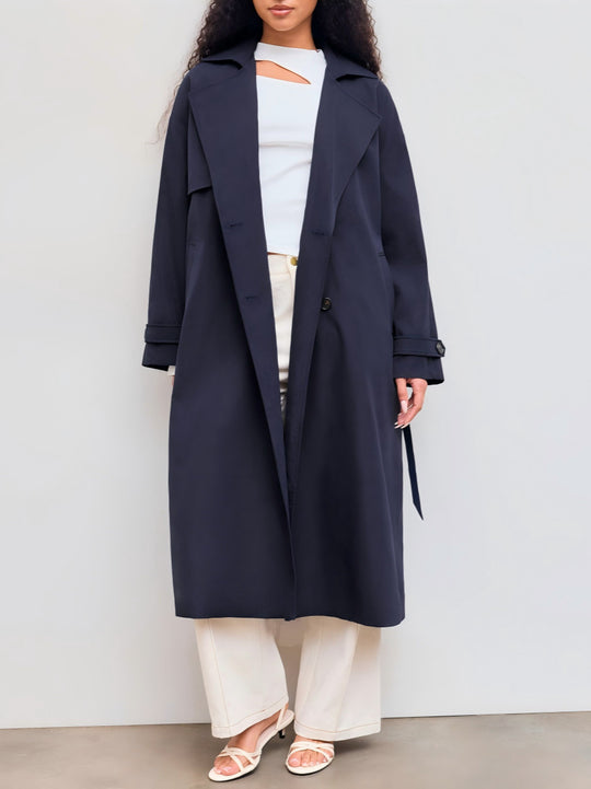 Damen Langer Trenchcoat-Mantel mit weiter Silhouette, Reverskragen und Taillengürtel EB