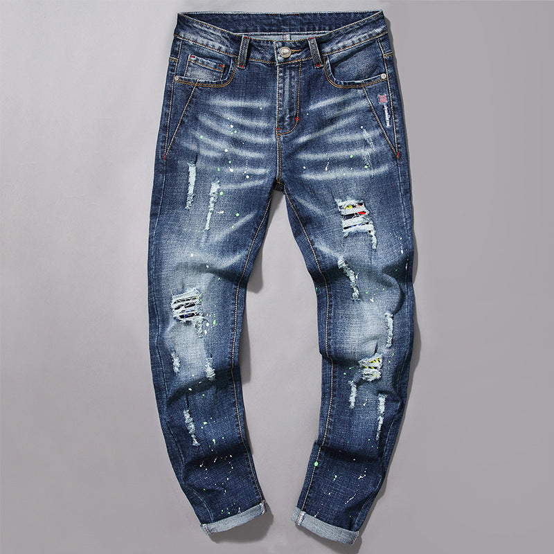 Herren modische Jeans mit kreativen Farbklecksen und Rissdesign EB