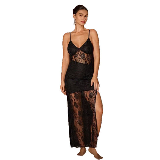 Damen Elegantes Spitzen-Nachtkleid mit verführerischem Schlitz und Spaghettiträgern EB