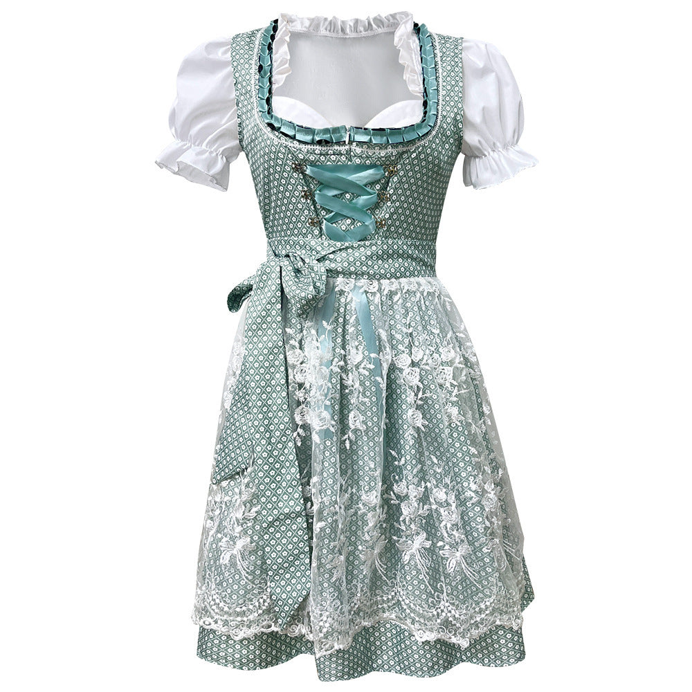 Damen nan traditionelles kurzes Dirndl mit Spitzenapron, Herzausschnitt, Puffärmeln und Schnürung EB